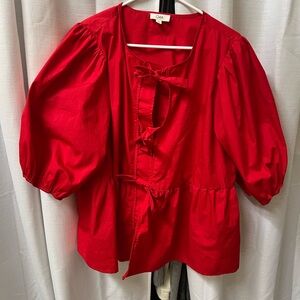 Oddi Vibrant Red Blouse with Bow Detail and Puff Sleeves